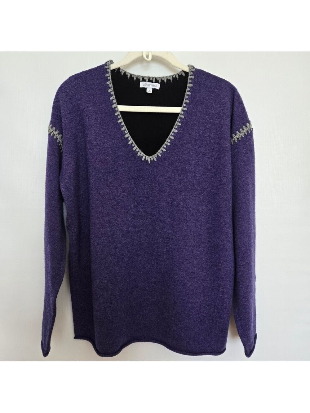 JOHNNY WAS SWEATER CASHMERE WOOL WOMEN 'THE WHIPSTITCH' V NECK PURPLE GRAY MED